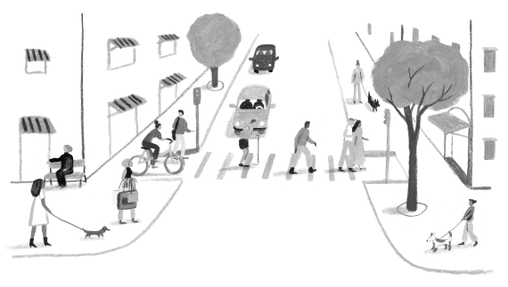 An illustration of a city street crosswalk with pedestrians crossing